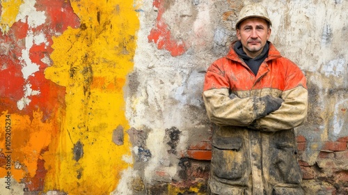 A construction worker poses confidently against an old wall marked with peeling paint in vibrant yellow and red