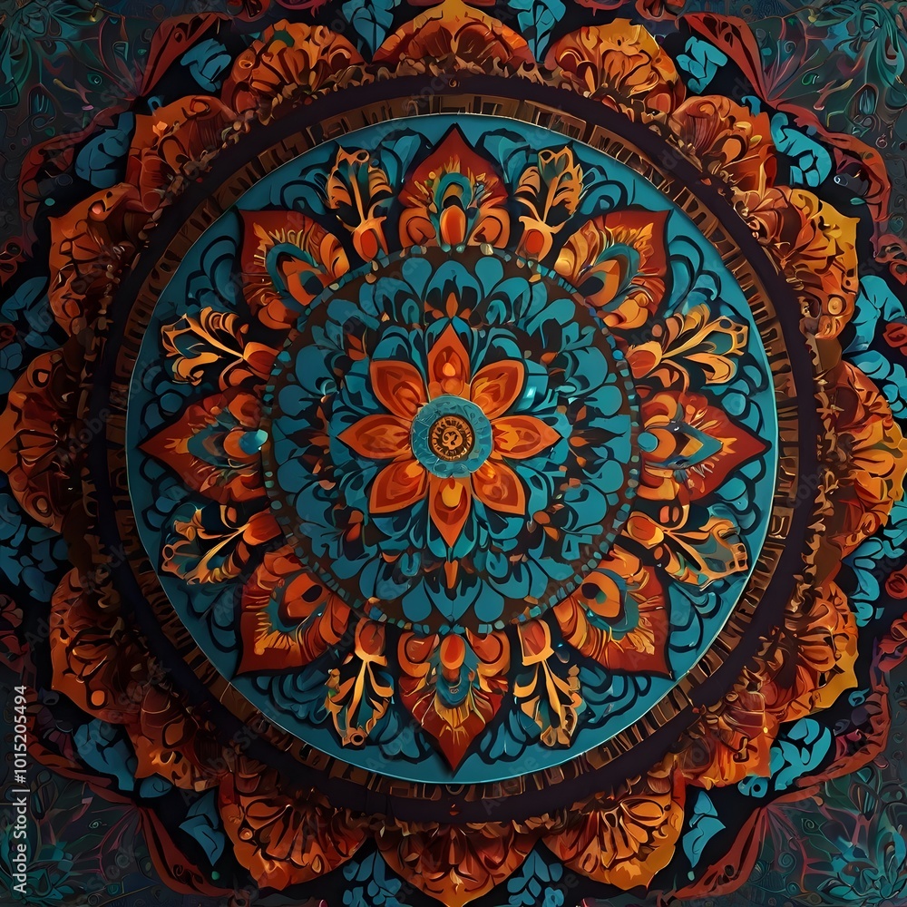 Fototapeta premium Mandala wallpaper, with repeating geometric patterns and colors, created with generative AI