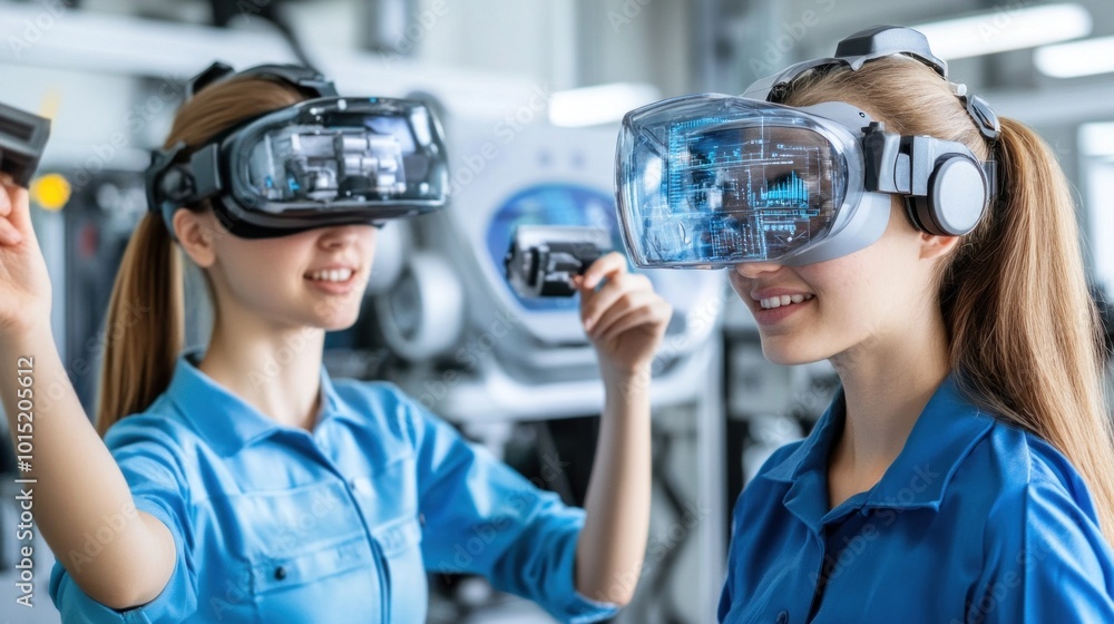 In a technology demonstration setting, two young women are immersed in virtual reality experiences, exploring interactive gaming through headsets while smiling and enjoying the activity In a technology demonstration setting, two young women are immersed in virtual reality experiences, exploring interactive gaming through headsets while smiling and enjoying the activity