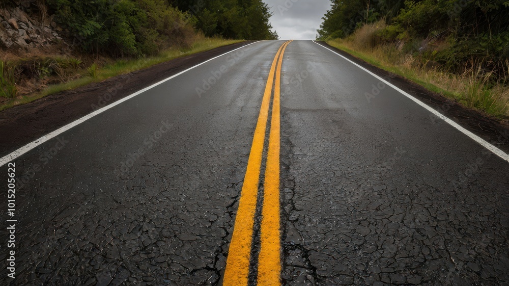 Naklejka premium Road, Forest, Clouds, Sky, Highway, Road Markings, Asphalt, Road Sign