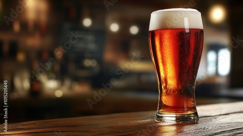 A cold glass of amber ale is placed on a wooden table, catching the warm light of a cozy bar. The inviting atmosphere suggests a perfect spot for relaxation and socializing at night