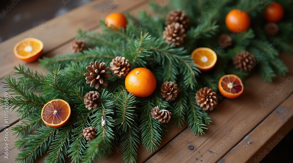 A vibrant arrangement of fresh oranges intermingles with pinecones and fragrant evergreen branches, creating a festive atmosphere on a rustic wooden table, perfect for holiday gatherings A vibrant arrangement of fresh oranges intermingles with pinecones and fragrant evergreen branches, creating a festive atmosphere on a rustic wooden table, perfect for holiday gatherings