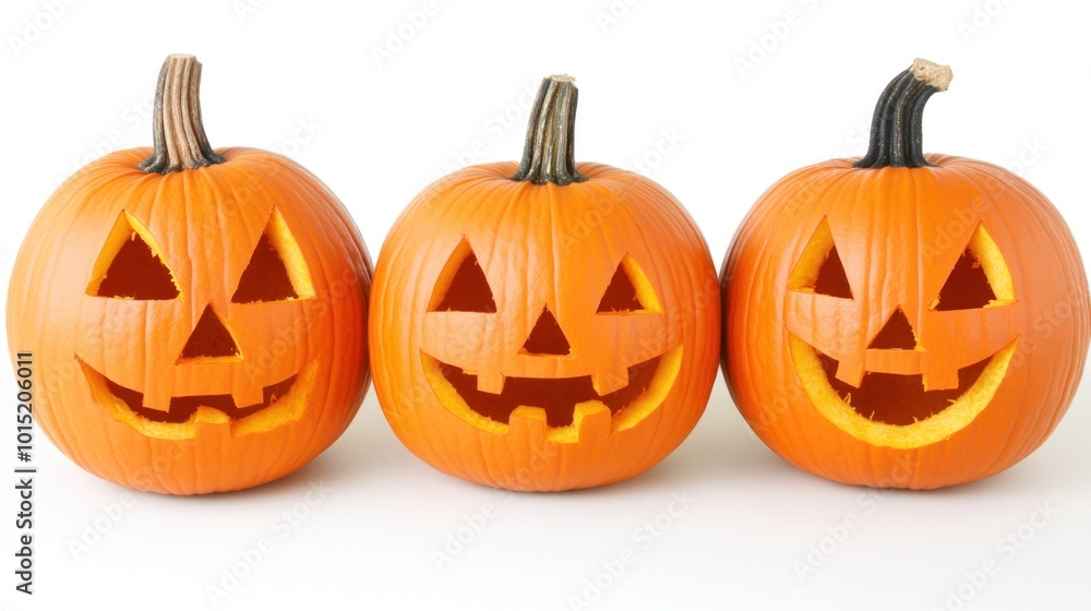 Three glowing jack-o'-lanterns with different cheerful expressions are placed together, creating a festive atmosphere perfect for Halloween festivities during the fall Three glowing jack-o'-lanterns with different cheerful expressions are placed together, creating a festive atmosphere perfect for Halloween festivities during the fall