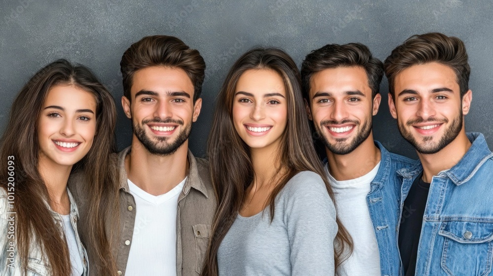 Five friends stand closely together, all smiling brightly Five friends stand closely together, all smiling brightly