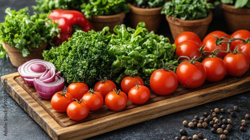 A wooden cutting board holds a variety of fresh ingredients, including ripe tomatoes, leafy greens, red onions, and herbs, perfect for creating healthy dishes at home A wooden cutting board holds a variety of fresh ingredients, including ripe tomatoes, leafy greens, red onions, and herbs, perfect for creating healthy dishes at home