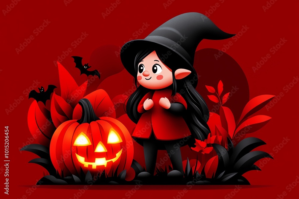 Minimalist scene of a gnome girl witch holding a glowing pumpkin, with soft lines and minimal details for a simple Halloween feel Minimalist scene of a gnome girl witch holding a glowing pumpkin, with soft lines and minimal details for a simple Halloween feel