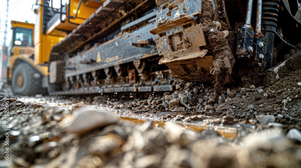 Fototapeta premium Close-up of a Construction Vehicle's Track and Wheel Moving Through Gravel and Mud