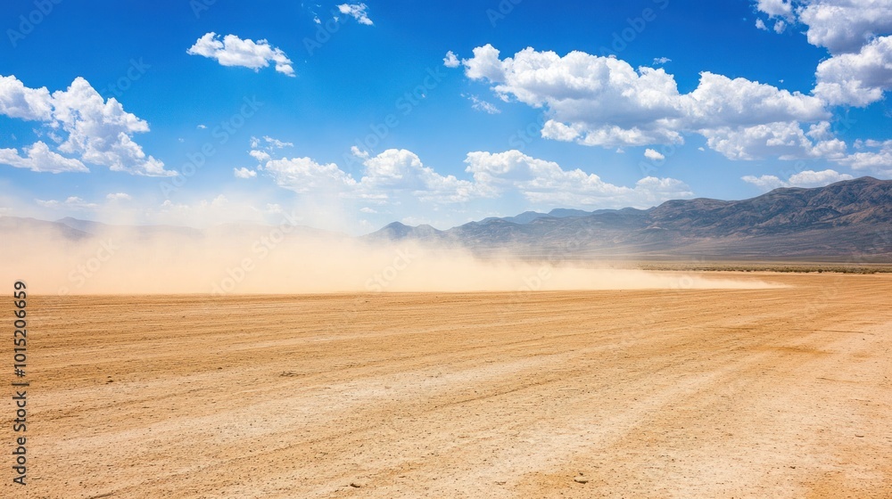 A dust storm blows across a dry desert landscape with mountains in the distance under a blue sky with white clouds.