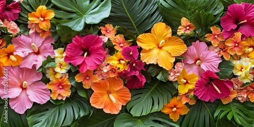 Colorful tropical flowers and lush green leaves create a vibrant floral background.