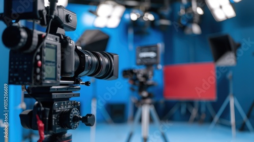 Professional-grade cameras and various lighting setups occupy a vibrant blue studio space, ready for a creative video or photo shoot to take place