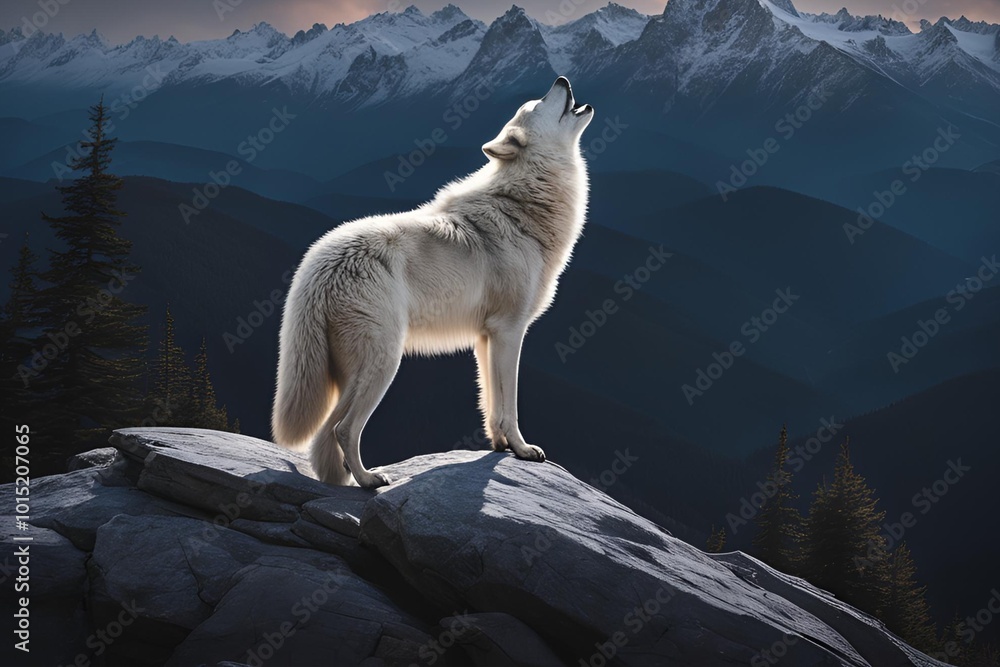 Obraz premium Wolf Howling on Top of Mountain