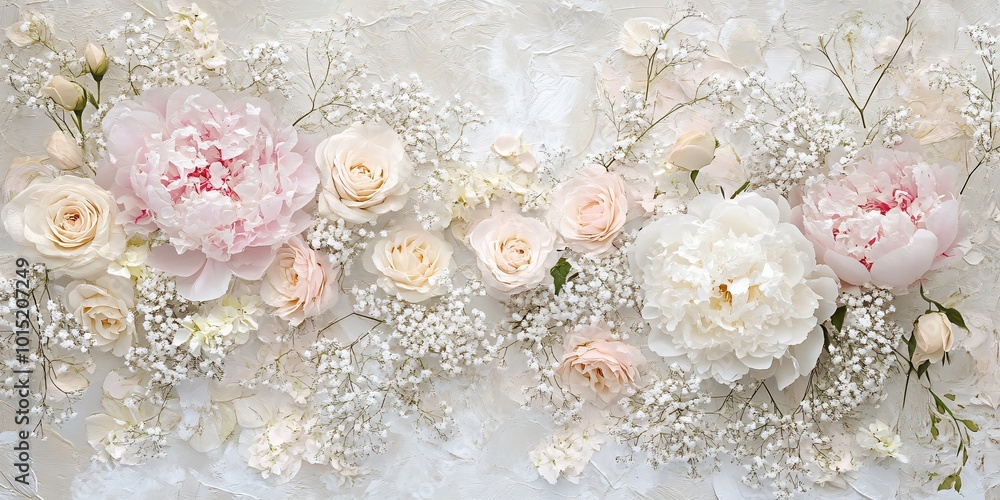 Delicate pink and white peonies, roses, and baby's breath arranged on a white textured background. Delicate pink and white peonies, roses, and baby's breath arranged on a white textured background.