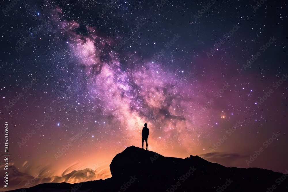 Fototapeta premium Silhouette of a person standing on a hill with the Milky Way in the background. Concept of exploration and wonder.