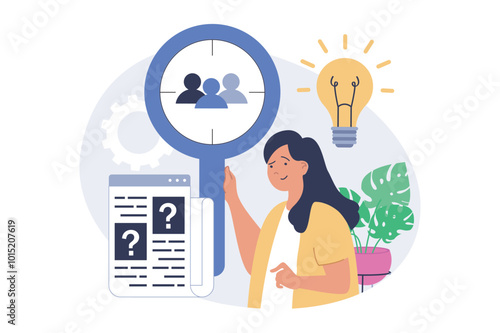 Recruitment concept in modern flat design for web. Woman with magnifier searching candidates in company staff, looking recruit resumes and approving for job interview in office. Vector illustration.