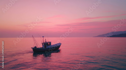 Fishing boat at peaceful pink sunset over calm sea