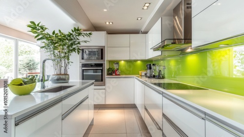 This contemporary kitchen features sleek white cabinetry and vibrant green accents photo