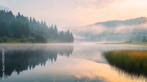 Calm lake with forest reflections during a foggy morning. Concept of tranquility and natural landscape.