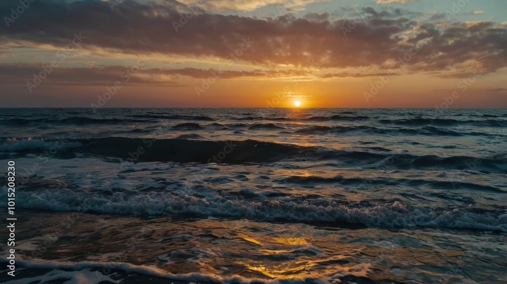 Fototapeta premium Sea, Sun, Mountains, Sunset, Surf, Clouds, Sky, Waves, Water, Sand