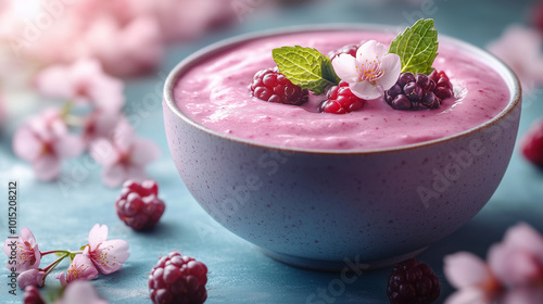 Pour le petit déjeuner, un dessert en verre avec du fromage blanc, du yaourt, des framboises et des fraises, garni de crème et de bonbons, offre une mousse saine et fraîche.