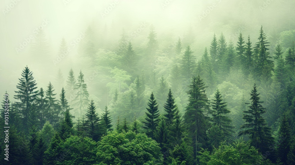 Mist-covered pine trees with dense greenery. Concept of wilderness and serene nature. Mist-covered pine trees with dense greenery. Concept of wilderness and serene nature.