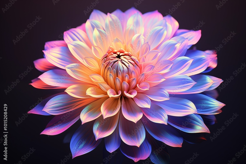 Fototapeta premium A vibrant, multicolored flower with intricate petals, set against a dark background, showcasing a stunning blend of hues and depth.