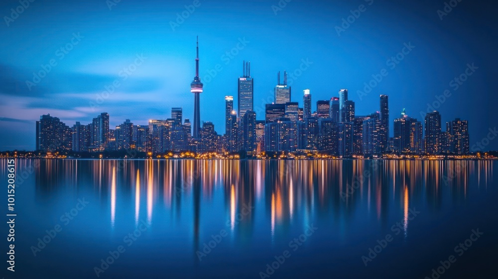 A stunning cityscape with tall buildings, a clear blue sky, and a reflection in the water. A stunning cityscape with tall buildings, a clear blue sky, and a reflection in the water.