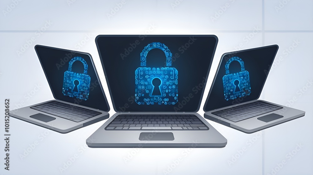 Three laptops with digital padlocks on them, representing data protection and cyber security against an isolated background Three laptops with digital padlocks on them, representing data protection and cyber security against an isolated background