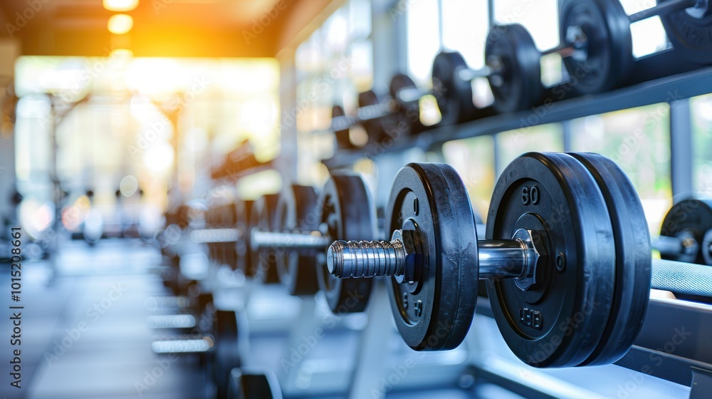 Close-up of Black Dumbbells on a Rack in a Gym Close-up of Black Dumbbells on a Rack in a Gym