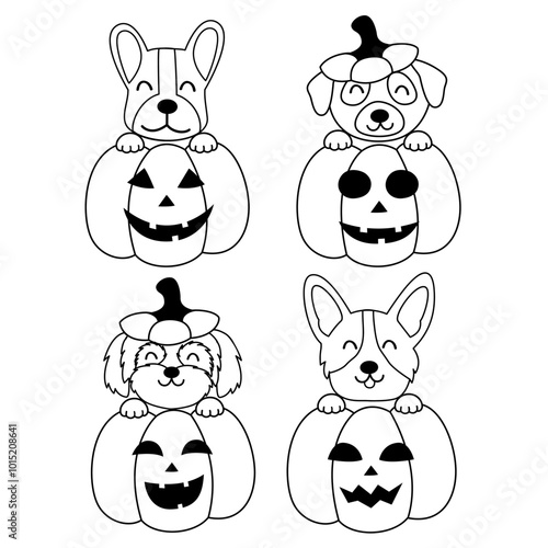 set of isolated outline cute dogs pumpkin Halloween  photo