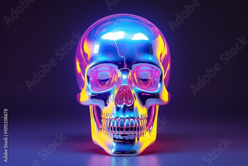 A vibrant, multicolored skull sculpture illuminated with neon hues, emphasizing a striking and futuristic design.