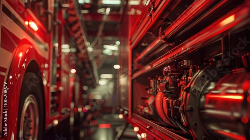 Close-up of a Fire Truck's Compartment with Red Lights and Equipment