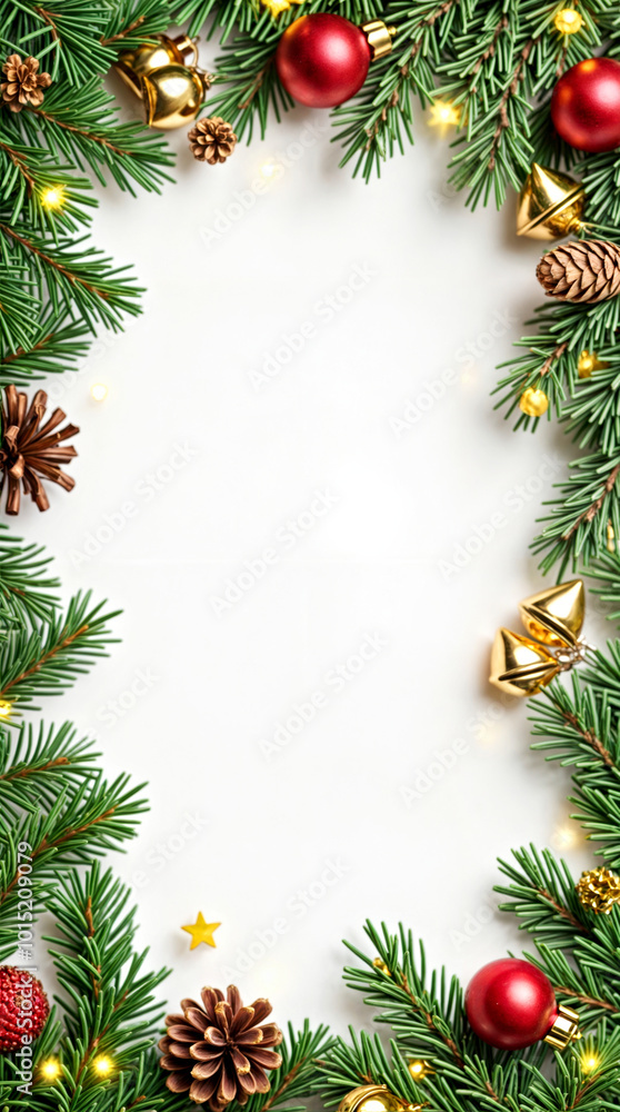 Festive Christmas Border with Pine Branches, Red Ornaments, and Golden Bells on White Background Festive Christmas Border with Pine Branches, Red Ornaments, and Golden Bells on White Background