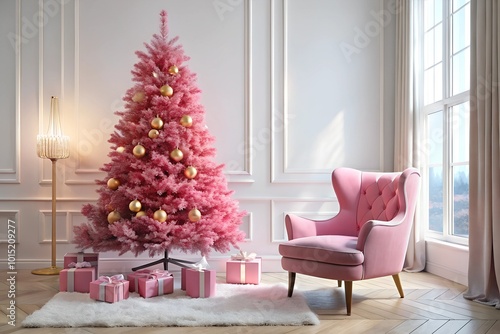 A charming pink Christmas tree adorned with golden ornaments and pink presents under the tree, accompanied by a soft, cozy chair. Ideal for a stylish holiday decor scene.