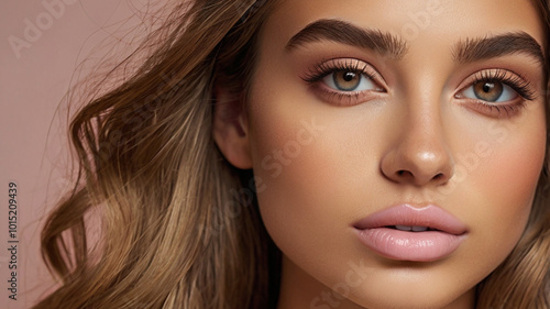 A female Instagram model, an attractive woman with an oval face, warm light brown eyes, full naturally pink lips, and long, wavy light brown hair