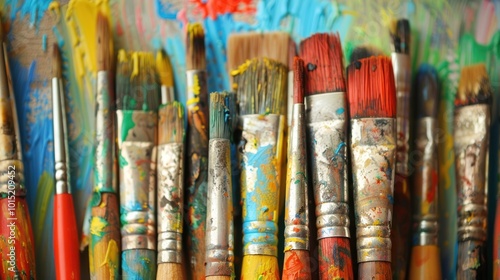 Collection of paintbrushes with colorful paint splatters. Concept of art and creativity tools.