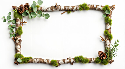 Nature-Inspired Rustic Frame with Moss, Pine Cones, and Birch Branches on white background