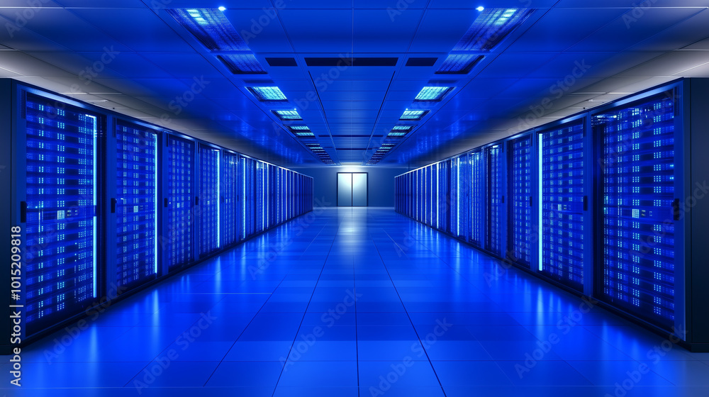 Blue-lit server room with rows of cabinets and a long corridor.