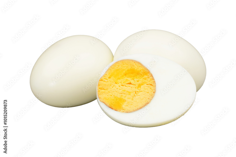 Two peeled hard chicken eggs and a half peeled one isolated transparent Two peeled hard chicken eggs and a half peeled one isolated transparent