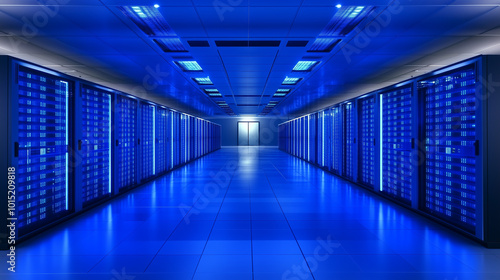 Blue-lit server room with rows of cabinets and a long corridor.