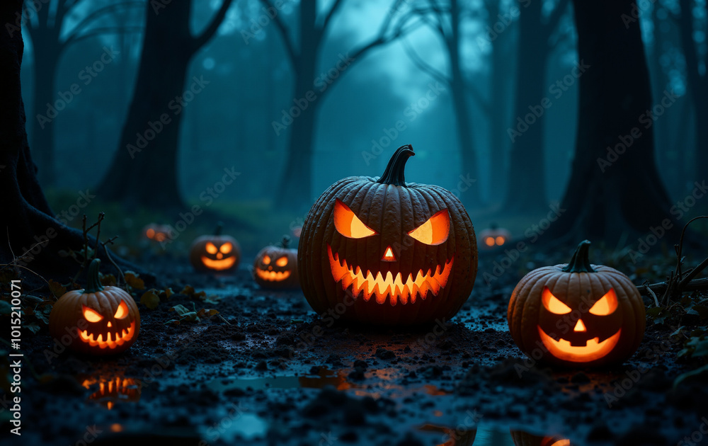 Creepy Jack-o'-Lantern Pumpkins Illuminated in Dark Forest Setting, Spooky Halloween Scene with Glowing Faces and Foggy Background Creepy Jack-o'-Lantern Pumpkins Illuminated in Dark Forest Setting, Spooky Halloween Scene with Glowing Faces and Foggy Background