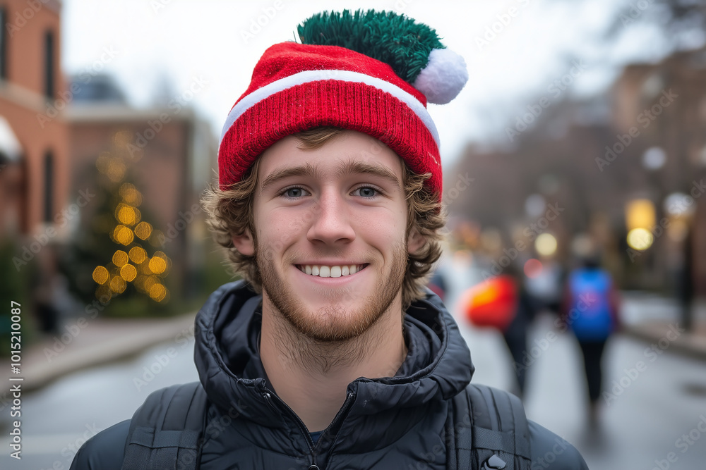 Smiling man wearing a festive red and white hat with a green pom-pom.