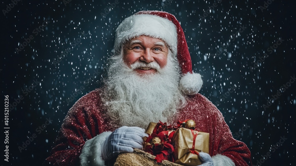 Santa Claus with a big smile holds a sack full of gifts with falling snow in the background. Santa Claus with a big smile holds a sack full of gifts with falling snow in the background.
