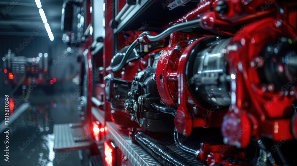 Fototapeta premium Close-up of a Red Fire Truck Hose Reel and Engine Components