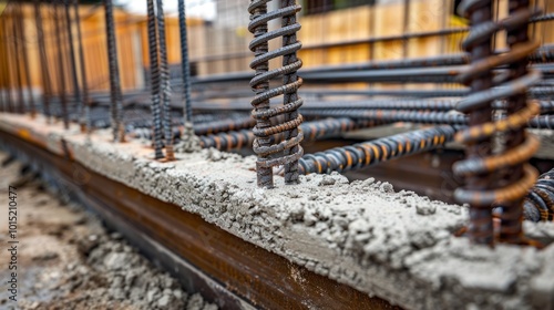 Close-up of rebar in wet concrete during construction photo