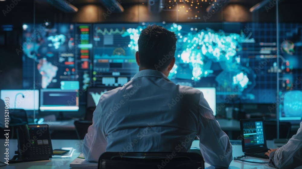 A man in a white shirt sits in front of a large screen displaying a world map with data points. He is working in a dark, modern office, with other monitors and computers in the background. A man in a white shirt sits in front of a large screen displaying a world map with data points. He is working in a dark, modern office, with other monitors and computers in the background.