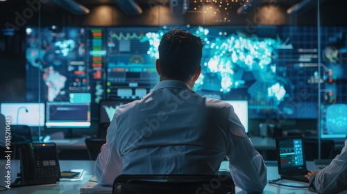 A man in a white shirt sits in front of a large screen displaying a world map with data points. He is working in a dark, modern office, with other monitors and computers in the background.