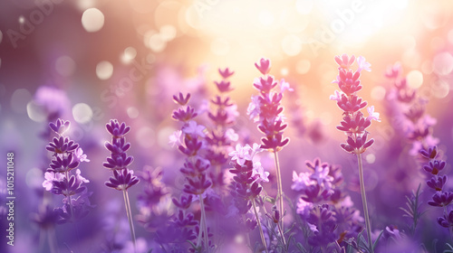 Growing lavender flowers set against a delicate bokeh backdrop infused with soft sunlight, creating a serene and tranquil atmosphere that highlights the beauty of nature