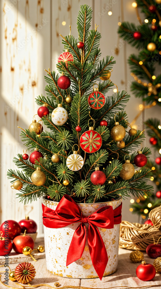 Festive Small Christmas Tree with Ornaments and Red Bow in Decorated Pot. Christmas or New Year Home Decor. Festive Small Christmas Tree with Ornaments and Red Bow in Decorated Pot. Christmas or New Year Home Decor.