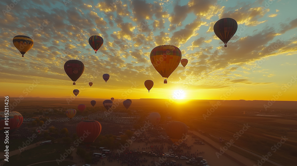 Naklejka premium Colorful hot air balloons soar over a golden sunrise, filling the sky with wonder.