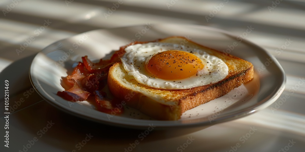 Sunny breakfast with fried egg on toast and crispy bacon, served on a plate in natural light Sunny breakfast with fried egg on toast and crispy bacon, served on a plate in natural light